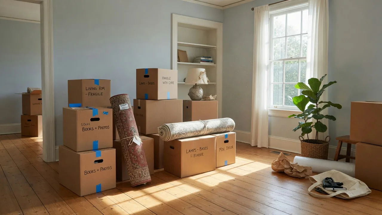 Labeled moving boxes and rolled rugs in a sunlit living room