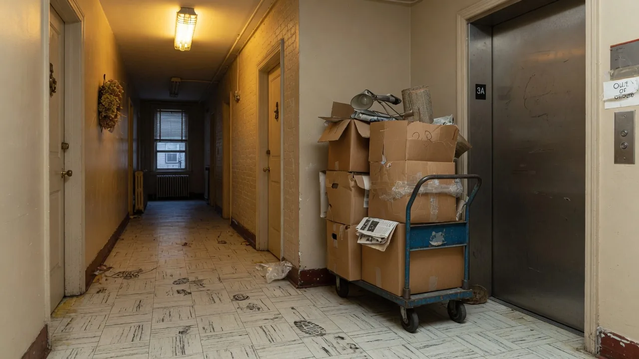 A loaded moving dolly waiting by an apartment elevator in a city hallway