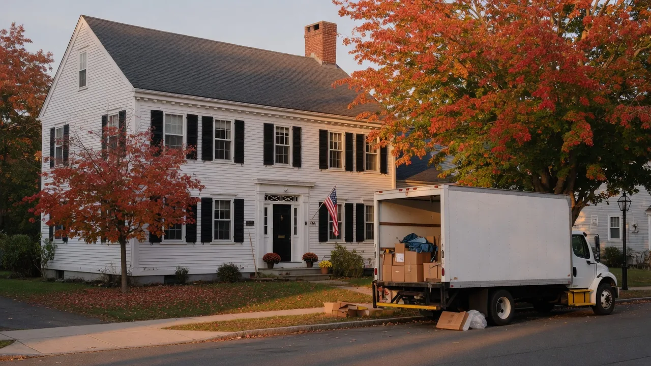 A Connecticut colonial house with a moving truck at the curb in late-day light