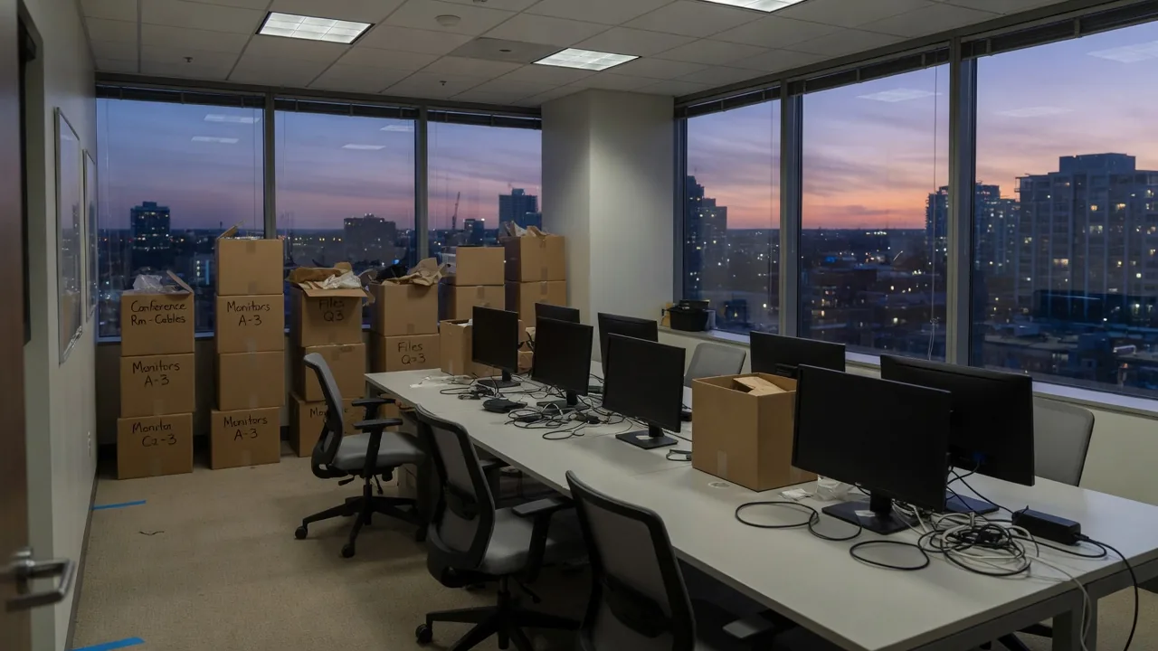Office at dusk with stacked moving boxes and computer monitors