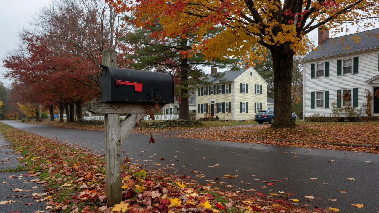 A roadside mailbox on a tree-lined Connecticut street in autumn