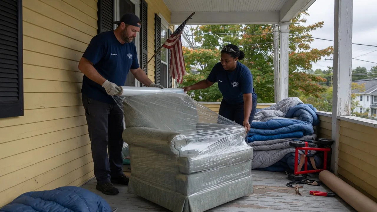 Two movers shrink-wrapping an armchair on a New England porch