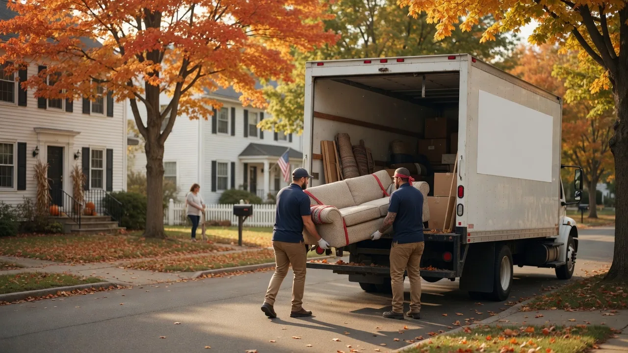 Movers loading a sofa onto a truck on a Connecticut street in autumn