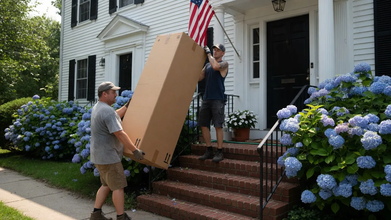 Two movers carrying a wardrobe box up brick steps of a colonial house