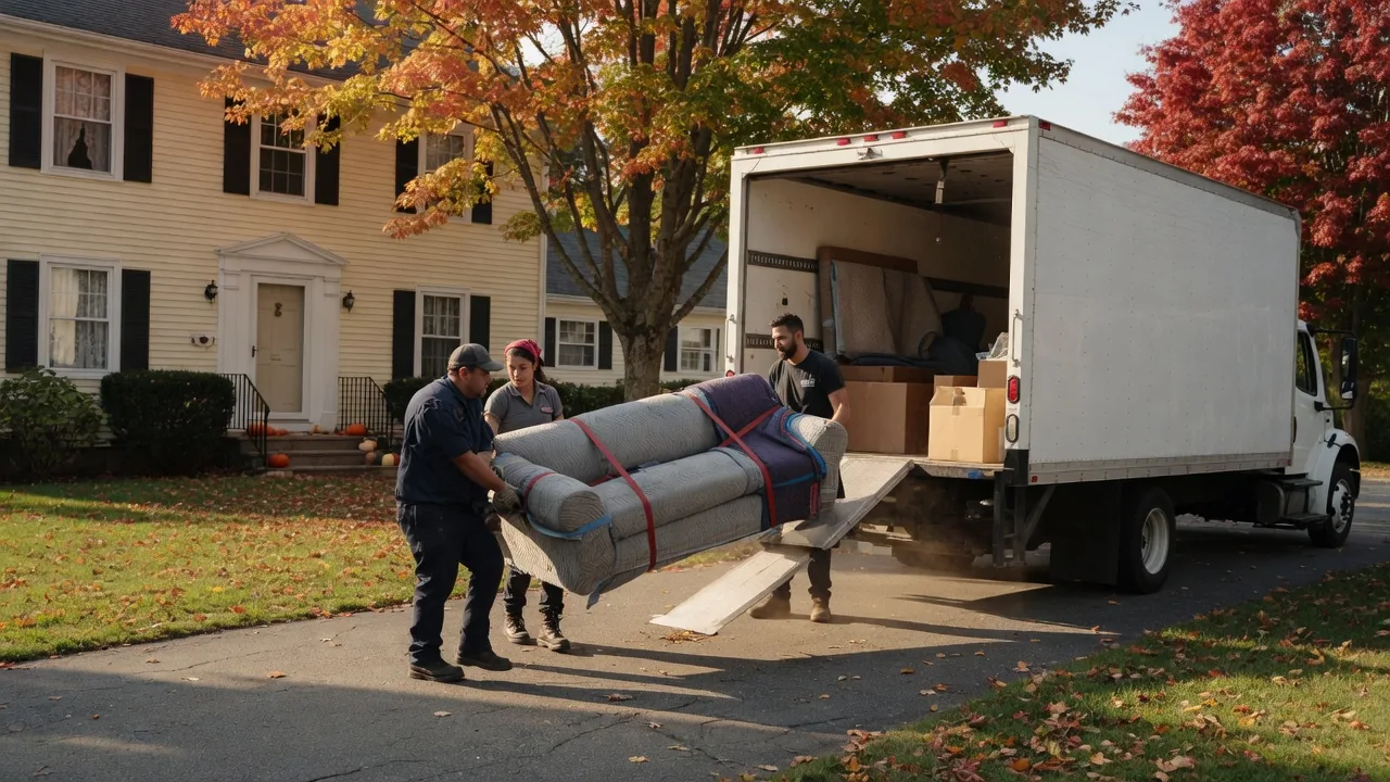 Movers carrying a blanket-wrapped sofa onto a truck in a Connecticut neighborhood
