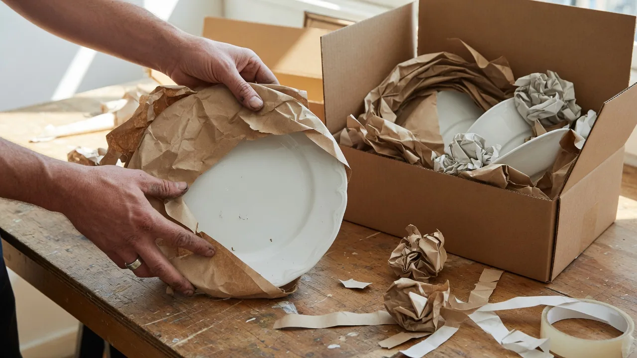 Hands wrapping a white plate in packing paper beside a dish box