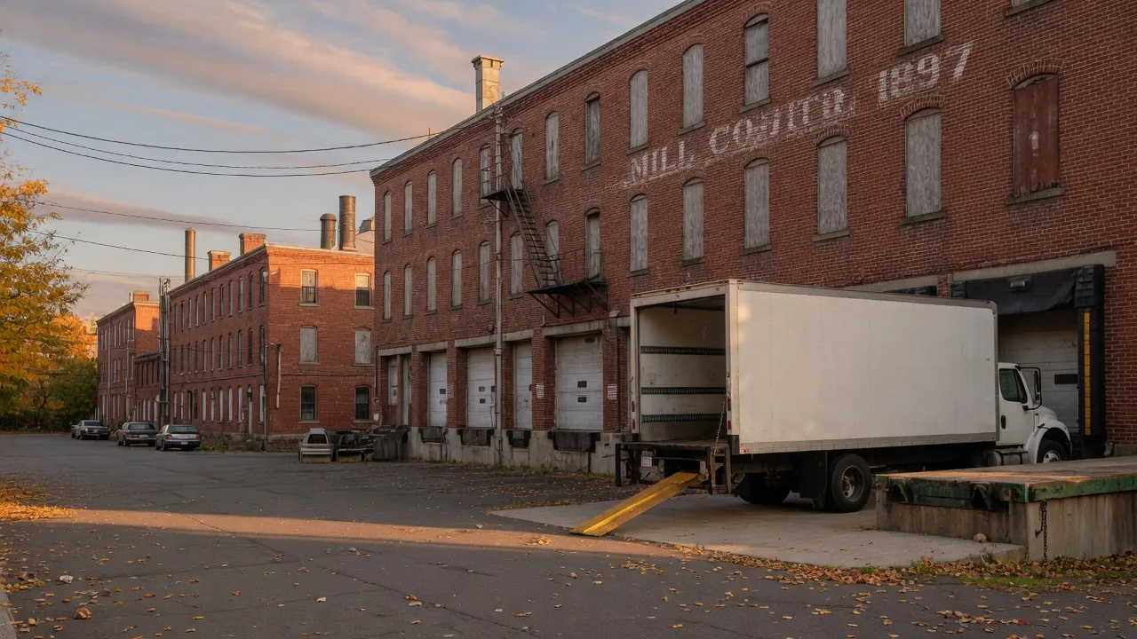 A moving truck at a brick mill warehouse loading dock in a Connecticut town