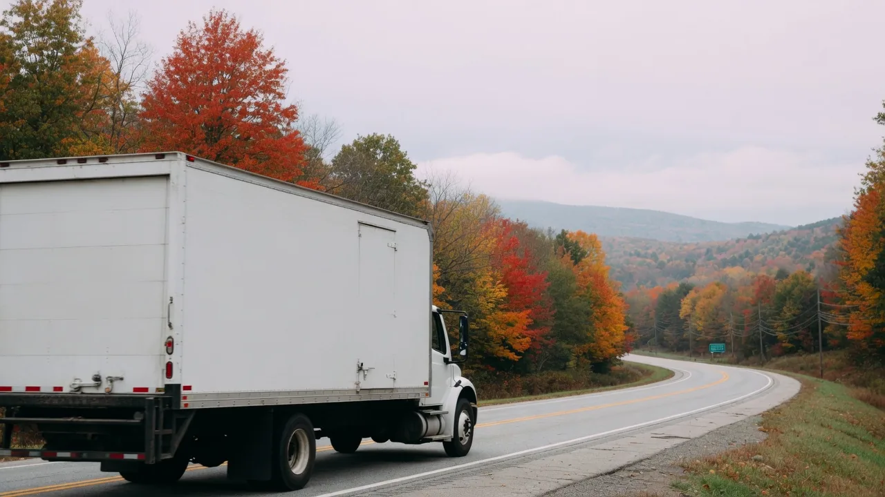 A moving truck on a winding New England highway in autumn foliage