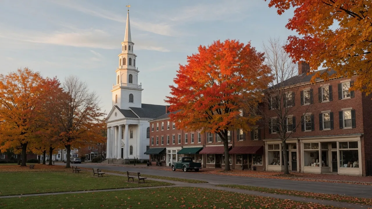 Autumn town green with a white church steeple and brick storefronts in New England