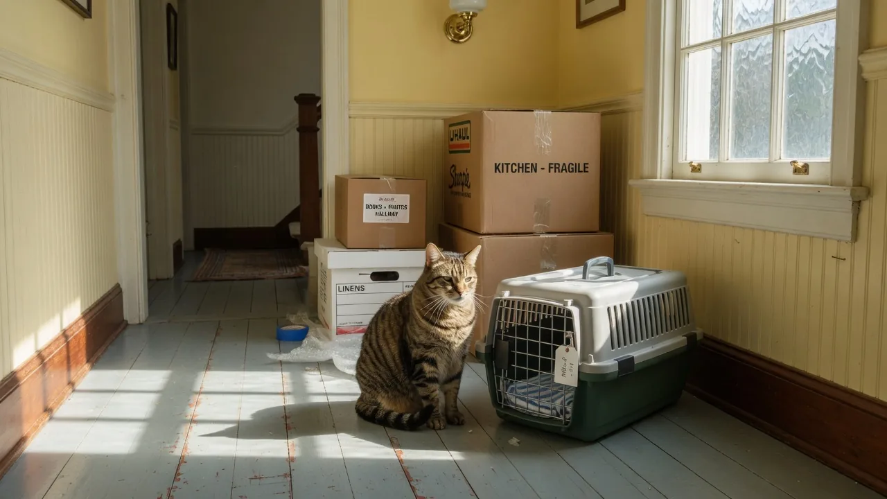 A tabby cat sitting beside a pet carrier and moving boxes