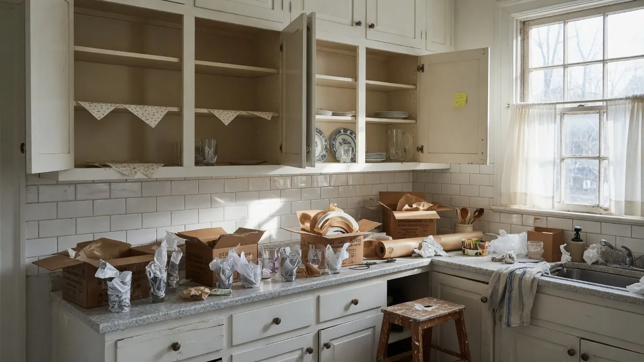 Open kitchen cabinets and dish boxes on the counter during a move