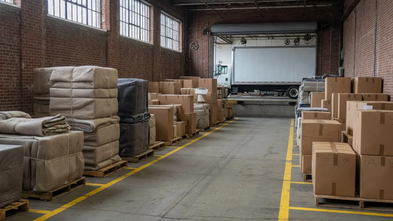 Wrapped furniture on pallets inside a Manchester mill-district warehouse