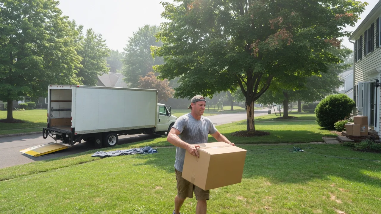 A mover carrying a box across a green lawn on a humid summer day