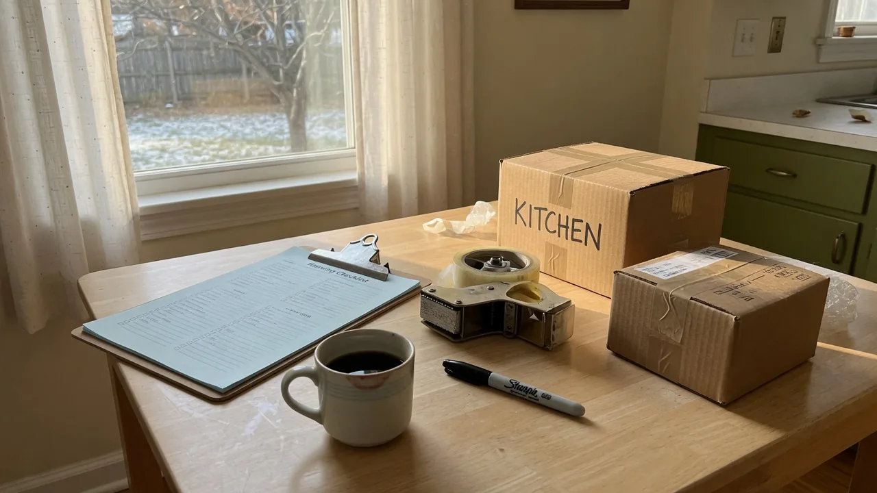Kitchen table with a moving checklist, packing tape, and labeled boxes