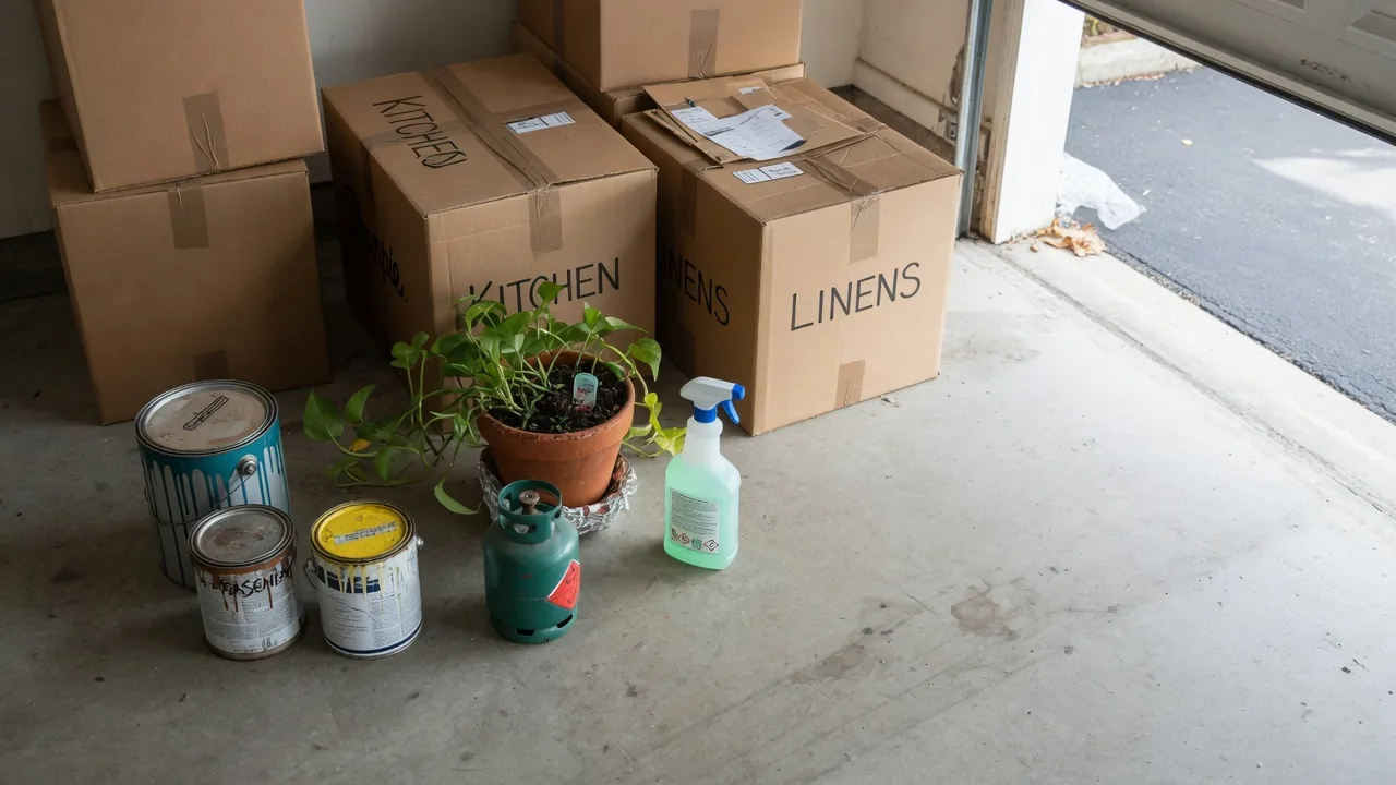 Paint cans, a small propane tank, and a houseplant set aside from packed moving boxes