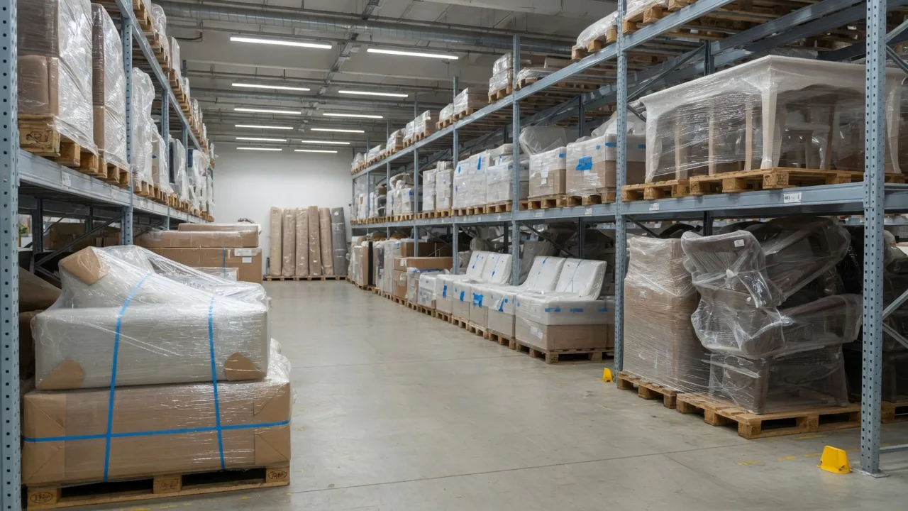 Climate-controlled warehouse aisle with wrapped furniture on pallets