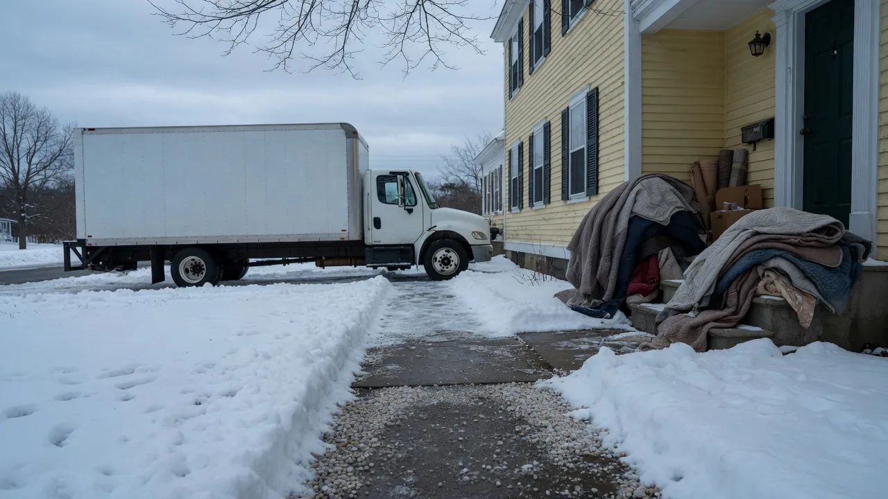 A moving truck parked beside a shoveled snowy walkway at a yellow New England house